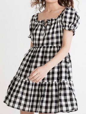 Madewell Square-Neck Tiered Mini Dress in Gingham Seersucker